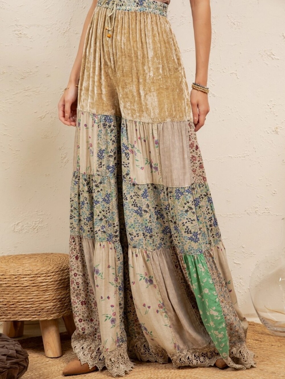 Young Threads Boho Tiered Patchwork Flare Pant Velvet Drawstring Waist NWT